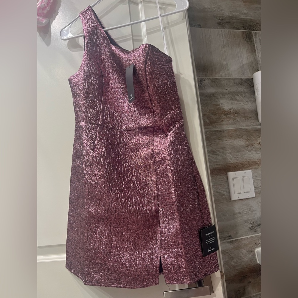 Modern Dream Pink Metallic Jacquard One-Shoulder Mini Dress
